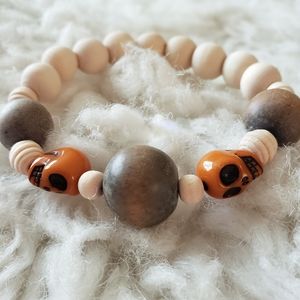 Chunky Wood Bead & Orange Skull Boho Bracelet
